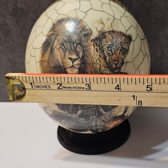 Decoupage Ostrich Egg African Big Five Crackle Finish On Stand African Art - Picture 10 of 10